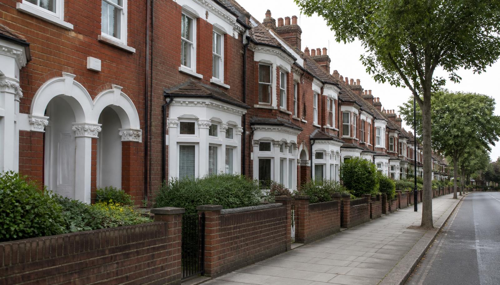 Red brick Victorian terraced houses with white sash bay windows on a tree-lined Balham street