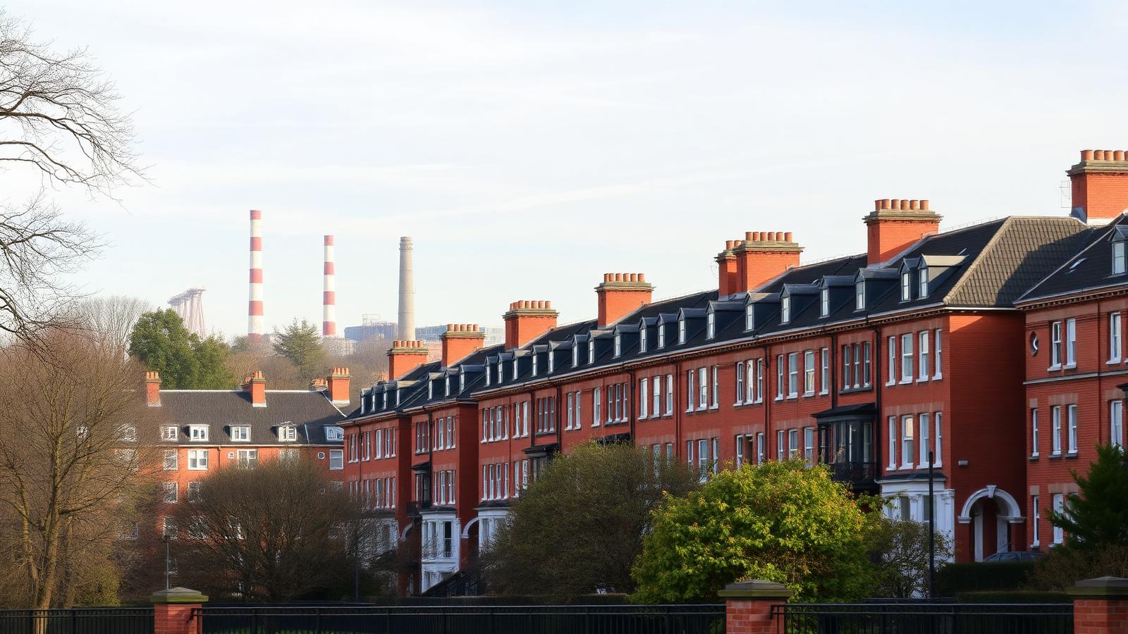 Red brick mansion blocks and Victorian terraces in Battersea with the power station chimneys beyond