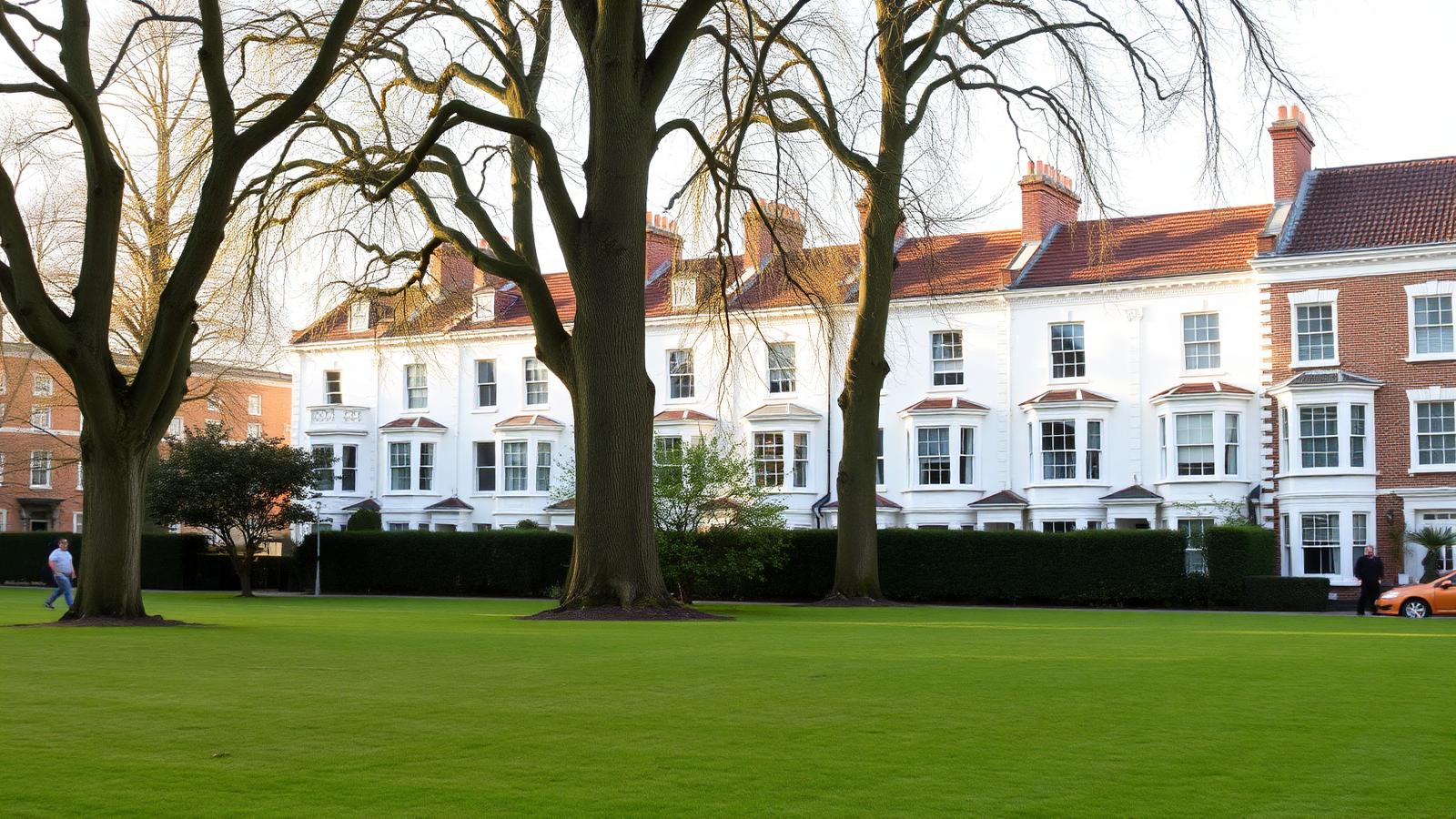 White stucco and brick townhouses with tall sash windows facing Clapham Common in South West London