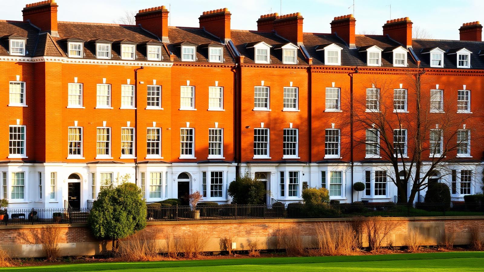 Georgian brick townhouses with white sash windows overlooking Richmond Green in South West London