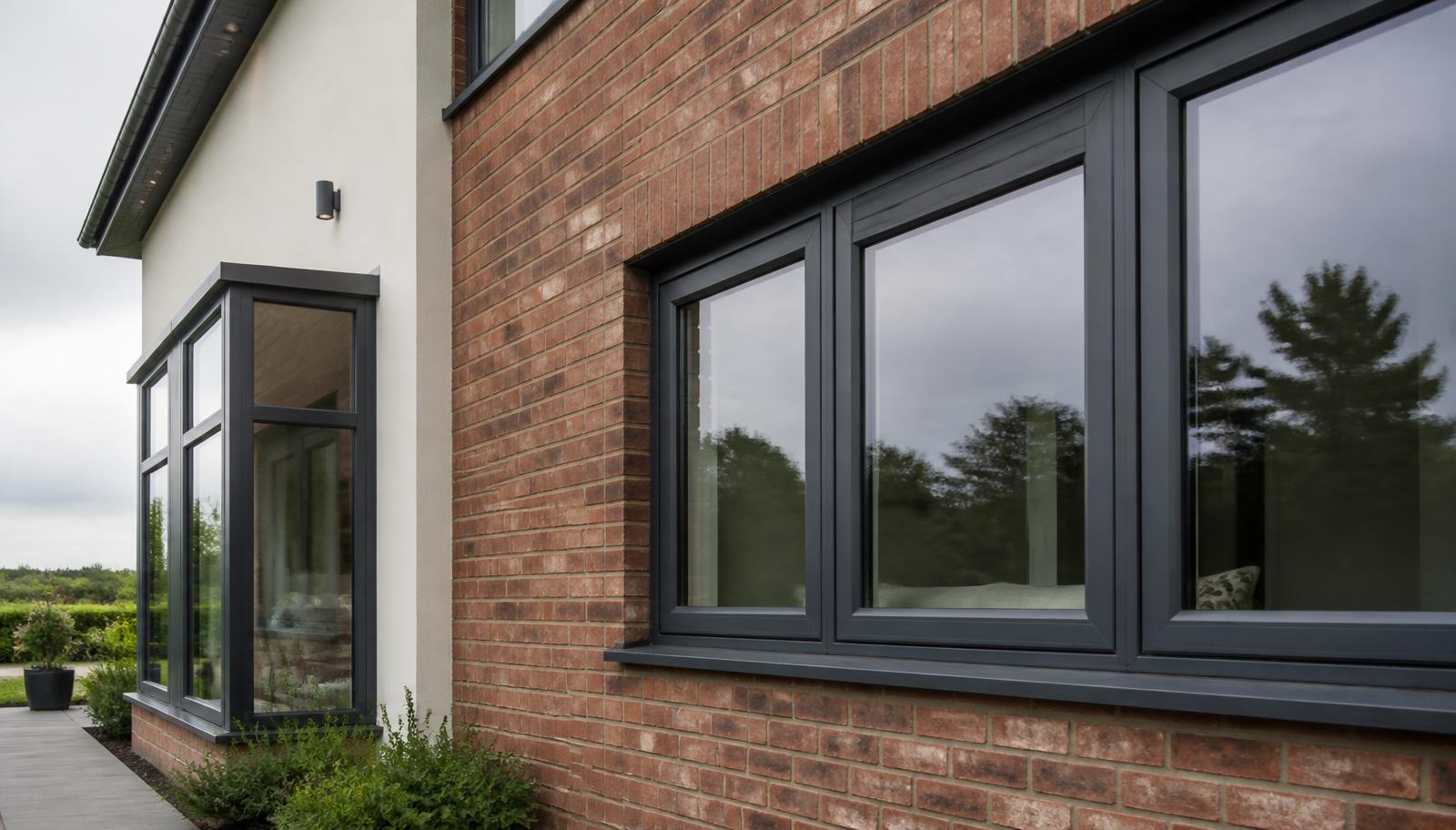 Slim-frame anthracite grey aluminium windows on a contemporary brick and render house