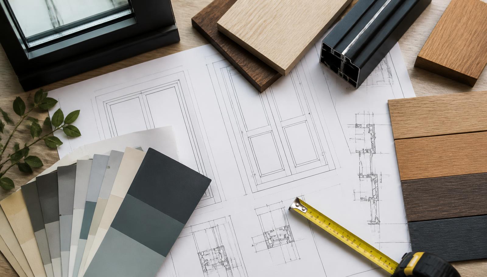 Window and door drawings with timber, aluminium and colour samples laid out for a design consultation