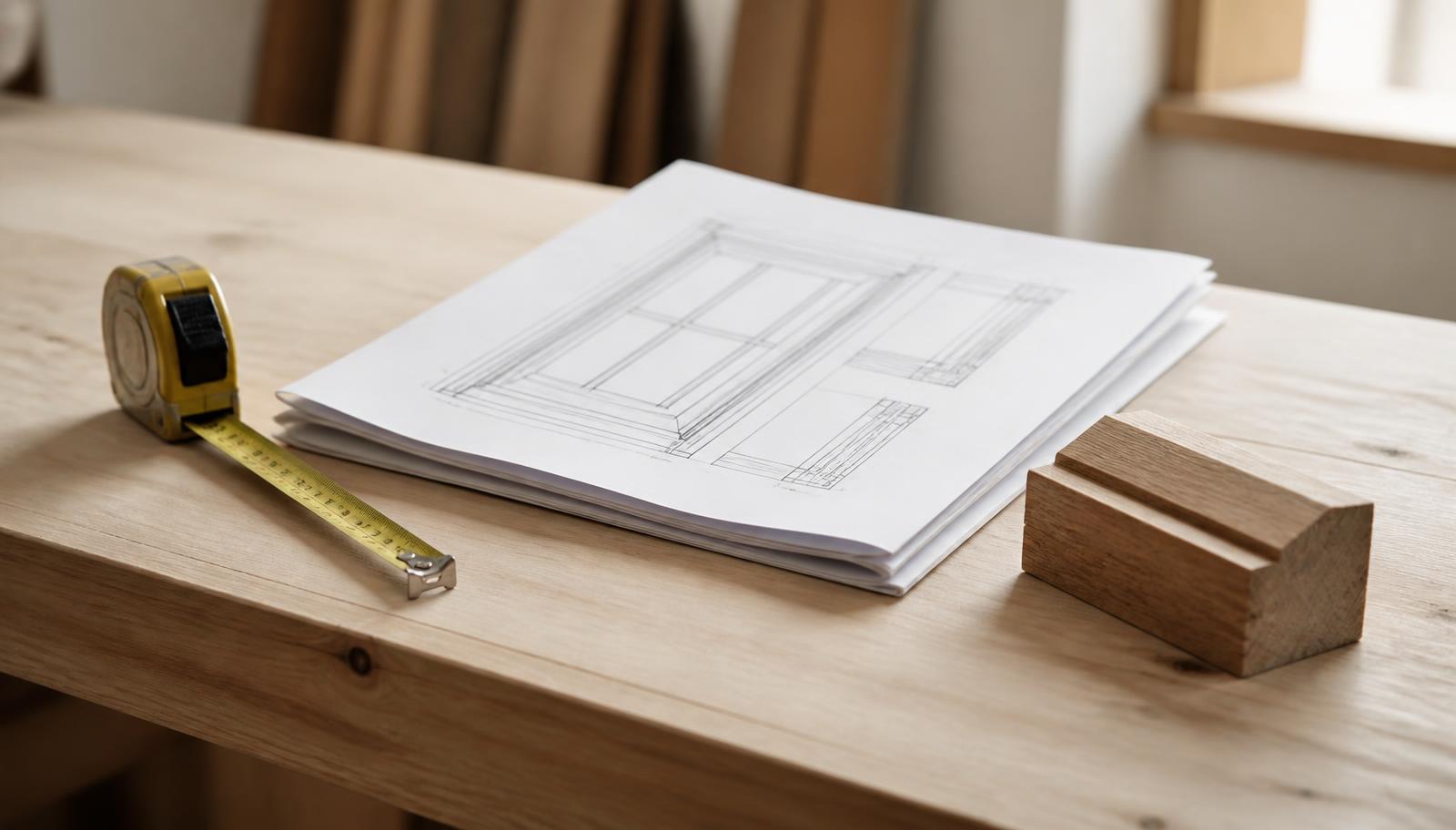 Tape measure, bespoke window survey drawings and a timber sample on a joinery workbench