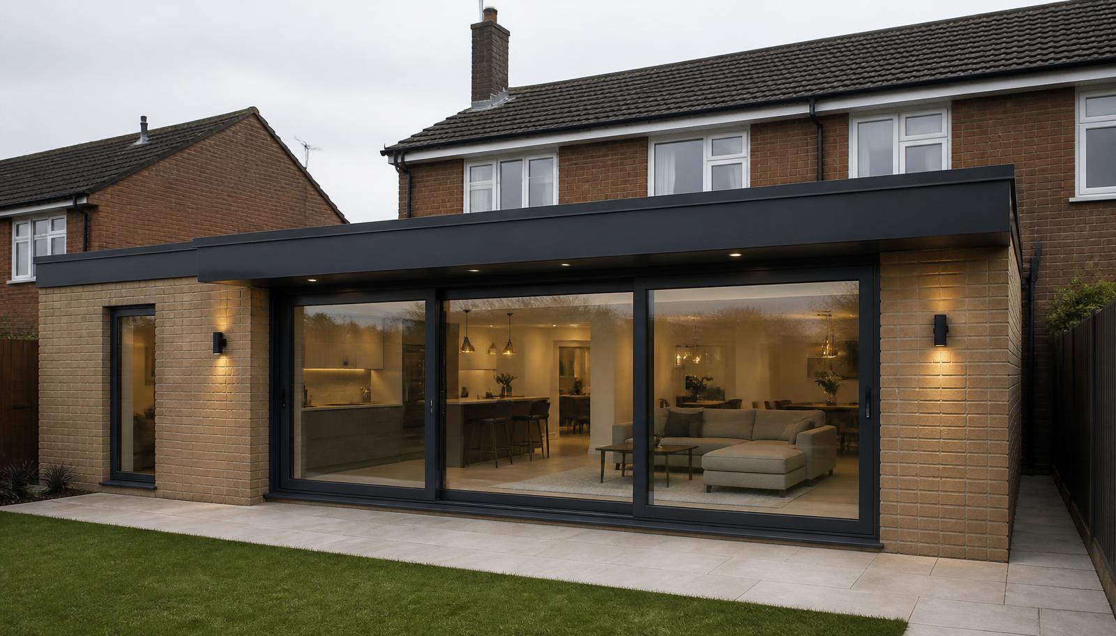 Modern single-storey modular rear extension with wide aluminium sliding doors on a brick home